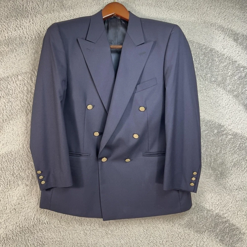 Vintage Burberrys Blazer Mens 46 Blue Wool Double Breasted Gold Button Made USA
